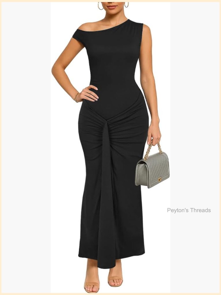 Bodycon Ruched Maxi Dress Sleeveless Boat Neck Long Casual Cocktail Party
